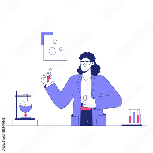 Female Scientist Conducting Lab Experiment With Test Tubes In Flat Vector Illustration Symbolizing Research, Laboratory Work, And Chemistry, Isolated On White Background.