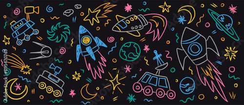 Cute kid crayon space set. Hand drawn doodle sketch objects, chalk rocket, rover, stars, planets, moon. Children crayon style scribble background. Vector illustration for your design, template