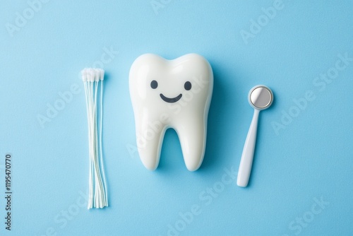Bright Dental Care Flat Lay Toothbrush, Floss & Dental Mirror on Pastel Blue Background