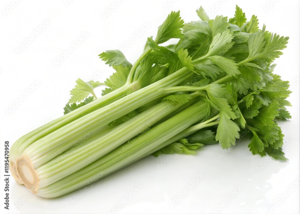 Fresh Celery Stalks with Vibrant Green Leaves Positioned on Right Side, White Background with Copy Space Fresh Celery Stalks with Vibrant Green Leaves Positioned on Right Side, White Background with Copy Space