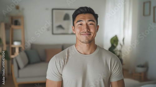 Cozy living room moment of a young Kazakh man expressing gratitude and contentment in a modern home environment