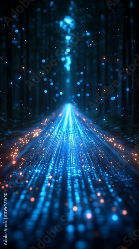 Glowing digital path through dark forest.