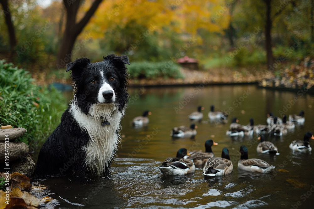 Dog Sitting in Pond Among Ducks in Fall Setting Dog Sitting in Pond Among Ducks in Fall Setting