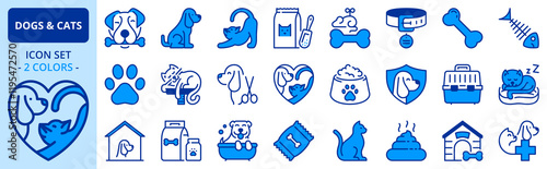 Icons in two colors about dogs and cats