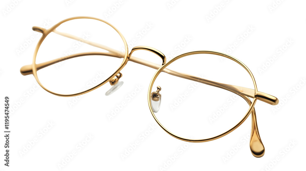 Round gold metal frame eyeglasses on white background Round gold metal frame eyeglasses on white background