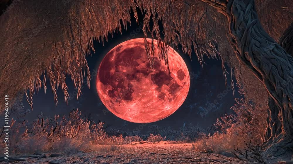 Red moon rising behind gnarled willow trees at night.