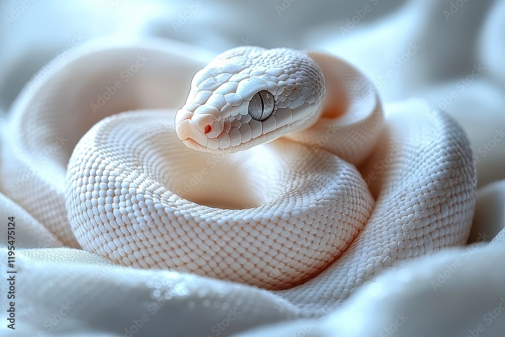 Fototapeta premium Stunning close-up of a beautifully coiled white snake showcasing smooth scales and mesmerizing blue eyes against a softly blurred background, perfect for wildlife enthusiasts and nature lovers.
