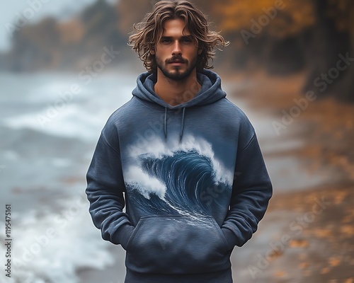 Fototapeta Naklejka Na Ścianę i Meble -  Man in ocean wave hoodie by the sea.