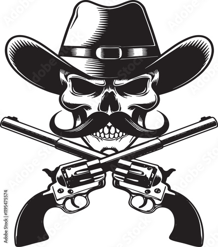 Skull Cowboy Hat Crossed Pistols Vector Illustration