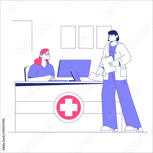 Receptionist And Doctor Discussing Patient Records At Hospital Front Desk In Flat Vector Illustration Symbolizing Healthcare Administration And Coordination, Isolated On White Background