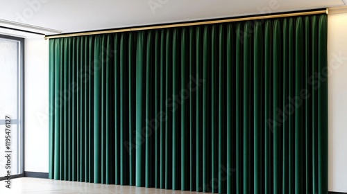 A bold modern space featuring deep emerald green velvet curtains with gold accents, paired with a sleek black curtain rod against a contrasting white wall. The fabric looks rich and thick