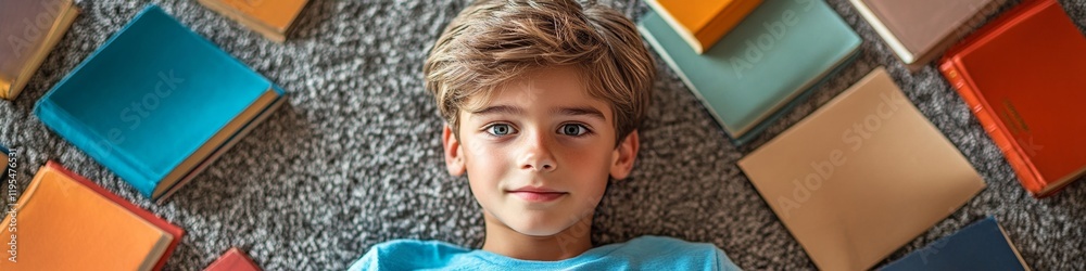 Childhood Curiosity and Learning Young Boy Immersed in Colorful Books on Carpet Childhood Curiosity and Learning Young Boy Immersed in Colorful Books on Carpet