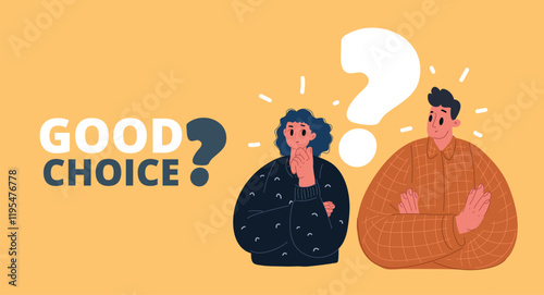 Cartoon vector illustration of a man and woman deep in thought with a question mark between them, symbolizing decision-making and team challenges