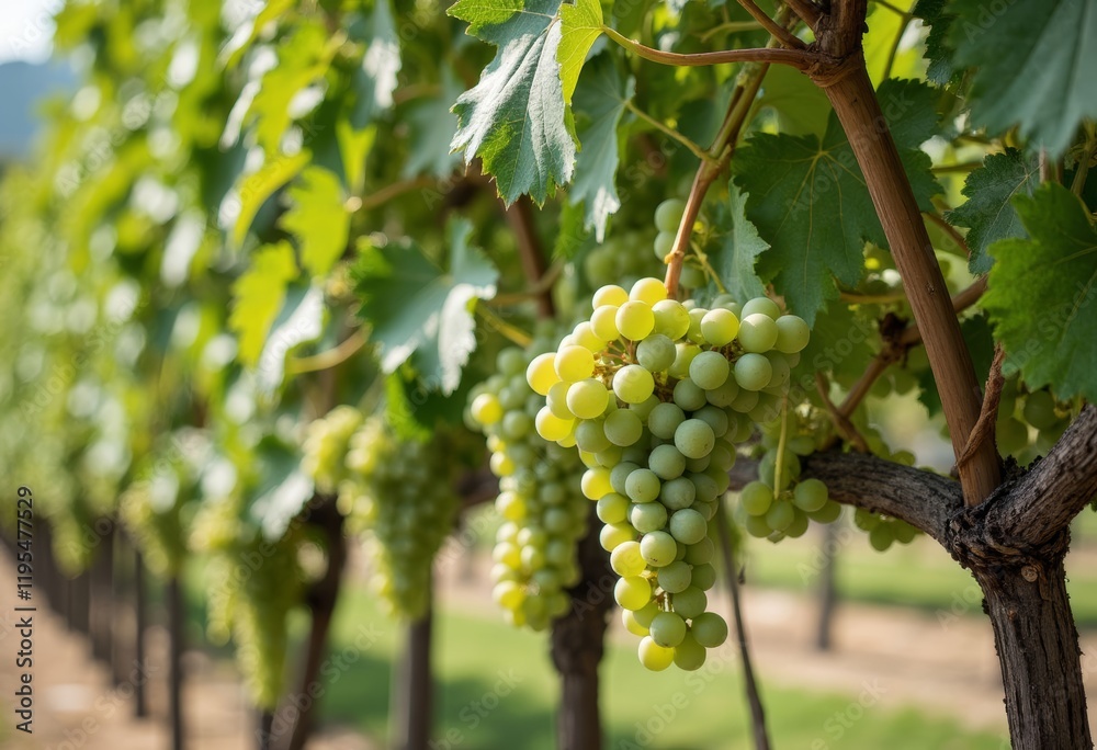 Green grapes hanging on vine with leaves and a brown branch Green grapes hanging on vine with leaves and a brown branch