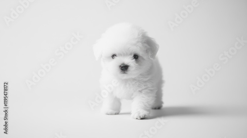 White puppy walking on a plain background, usable for pet care articles photo