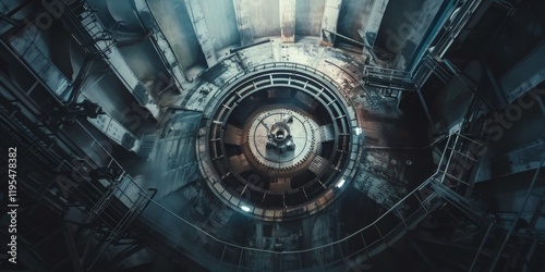 Aerial view of an industrial turbine hall showcasing machinery and structural elements. photo