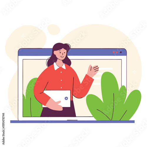 Webinar - Computer screen with woman person holding lecture and online video course presentation with information document
