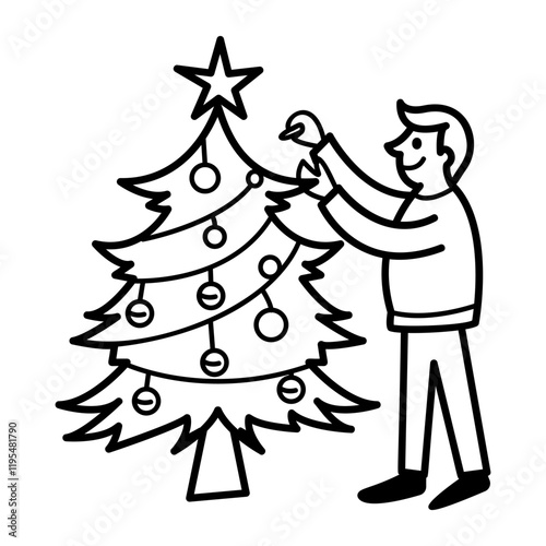 A doodle icon of a character decorating tree with lights