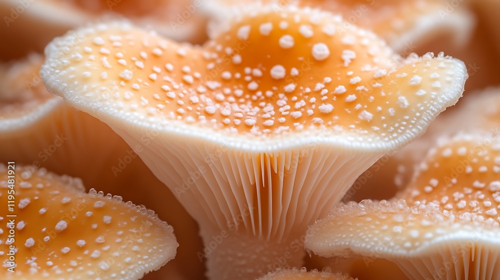 Close-up of cluster of pale orange mushrooms with white dots. Close-up of cluster of pale orange mushrooms with white dots.