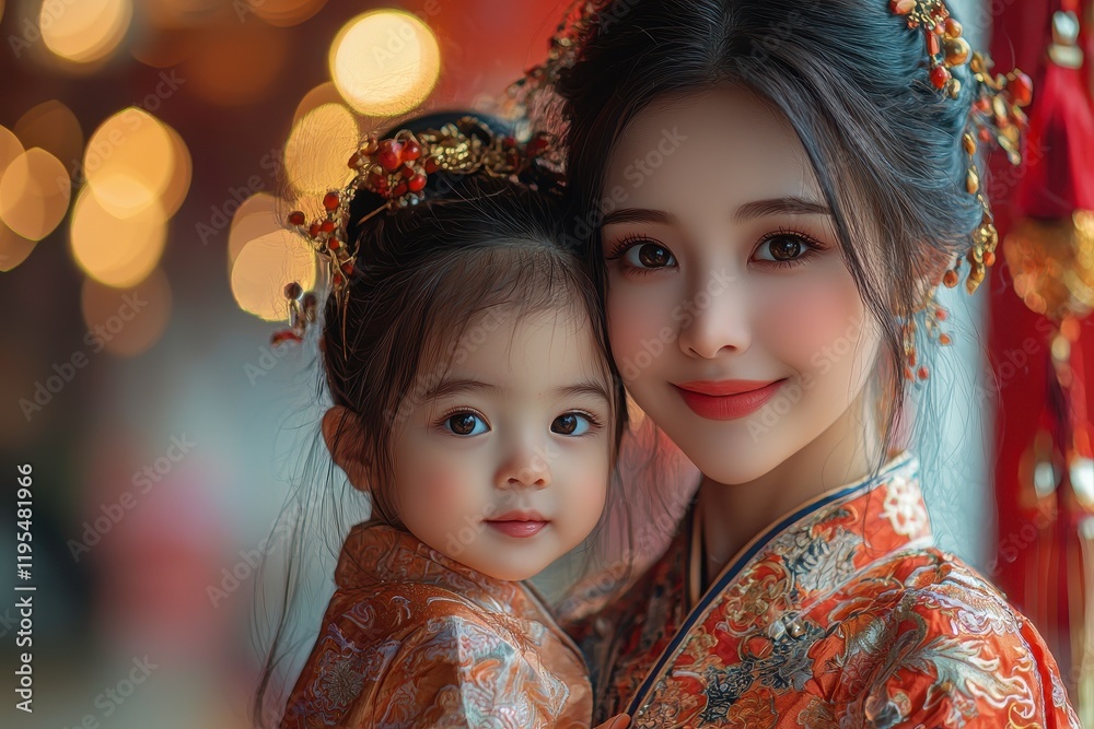 Heartwarming Portrait of a Smiling Mother and Daughter in Traditional Chinese Attire Surrounded by Soft Bokeh Lights for Family and Cultural Celebrations Heartwarming Portrait of a Smiling Mother and Daughter in Traditional Chinese Attire Surrounded by Soft Bokeh Lights for Family and Cultural Celebrations