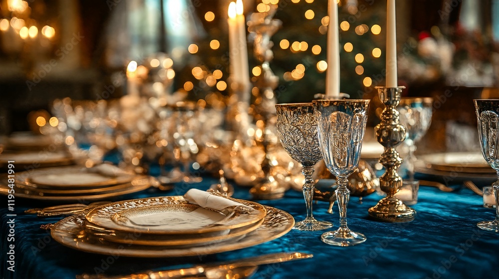 A Festive Holiday Dinner Setting with Elegant Tableware and Decorations. A Festive Holiday Dinner Setting with Elegant Tableware and Decorations.