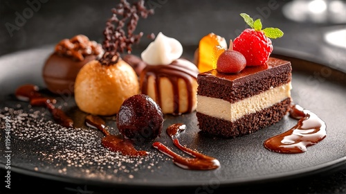A selection of various sweet desserts is presented on a black plate.