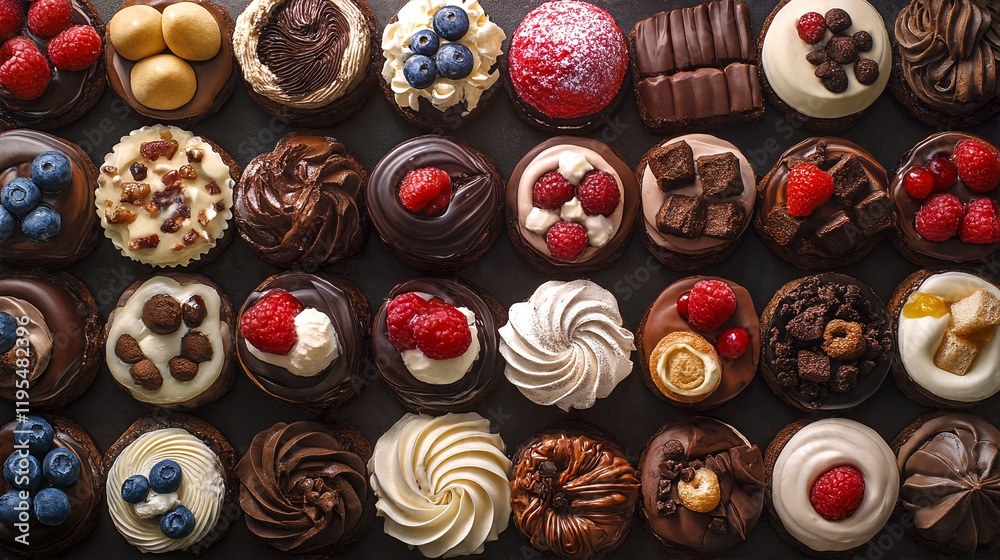 Fototapeta premium Assorted Mini Desserts with Chocolate and Fruit Toppings.
