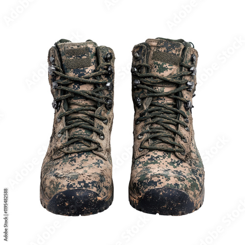 Tactical military boots designed for durability and comfort in rugged environments. photo