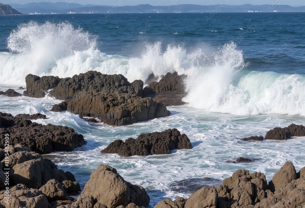 Ocean waves crashing on dark rocks with distant coast view Ocean waves crashing on dark rocks with distant coast view