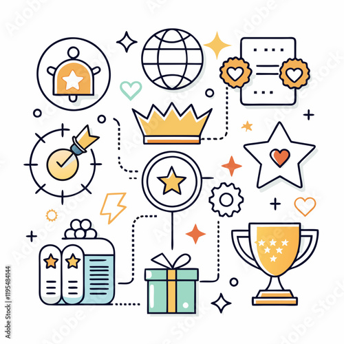 A set of simple line icons representing concepts like rewards, prizes, achievements, ratings, and special offers, often featuring stars, trophies, and gifts with white background
