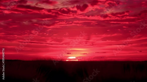 A vibrant sunset over a landscape, with dramatic red and pink hues filling the sky.