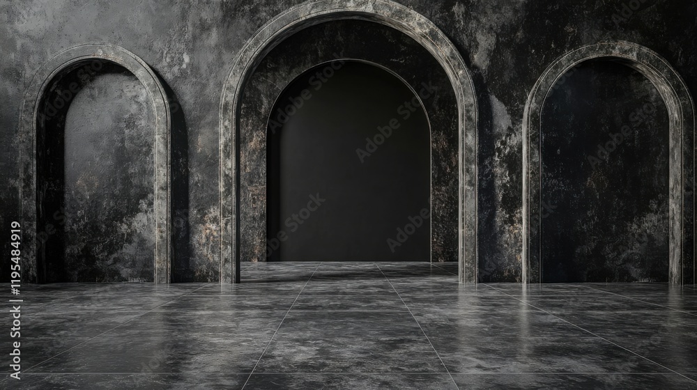 a room with three arches and a black door a room with three arches and a black door