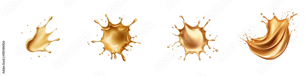 Fototapeta premium A series of four golden liquid splashes showcasing various shapes and movements.