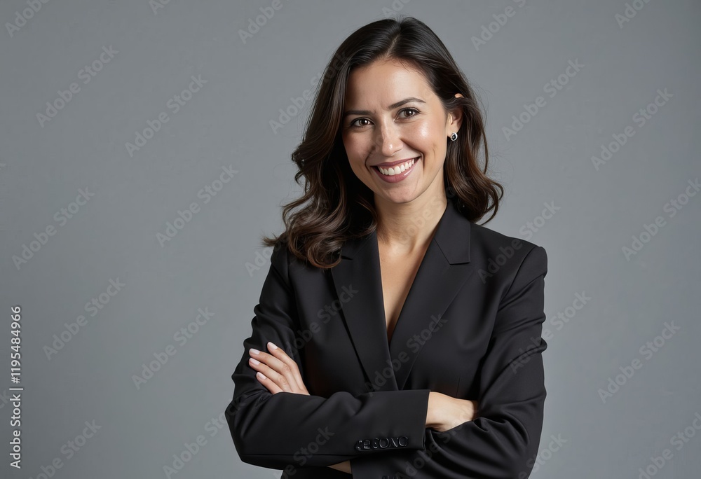 Person in black blazer with arms crossed smiles on gray background Person in black blazer with arms crossed smiles on gray background