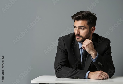 Person in suit looks to side hand on chin photo