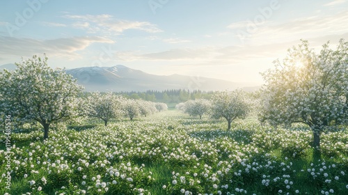 Wallpaper Mural Serene spring orchard with blooming trees at sunrise in scenic mountain landscape Torontodigital.ca
