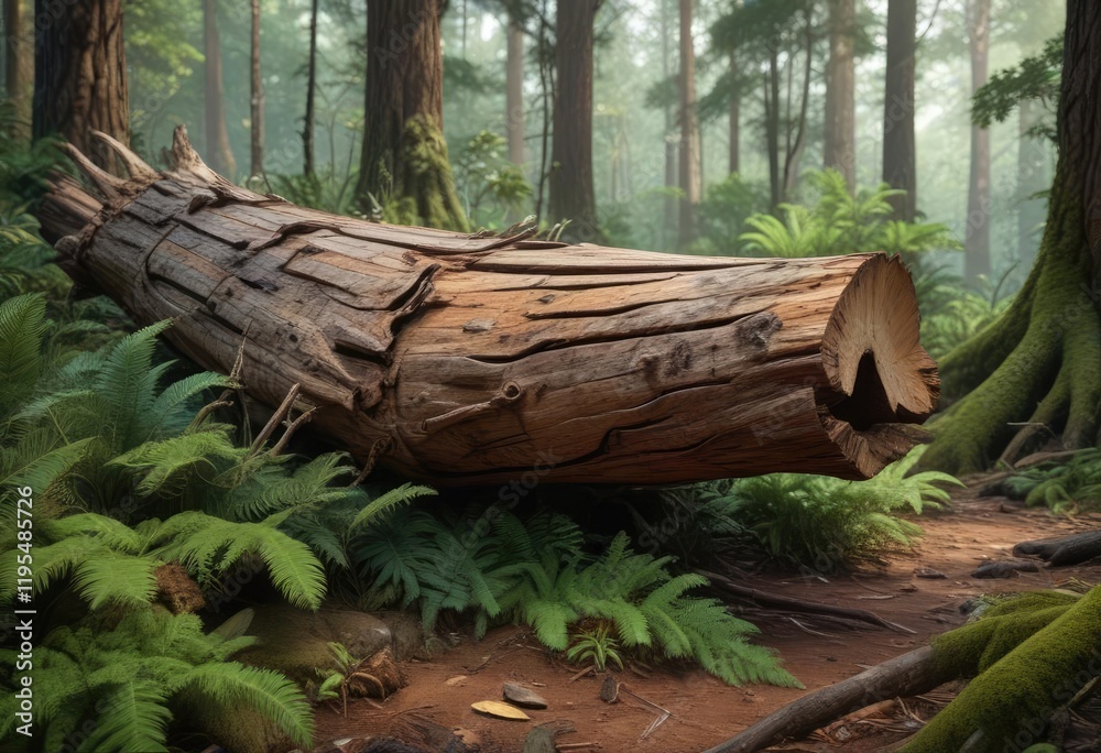 A fallen pine trunk blends into the understory of the rainforest, woodland habitat, natural scenery A fallen pine trunk blends into the understory of the rainforest, woodland habitat, natural scenery
