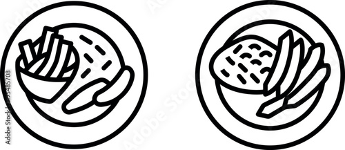 "Plate with French Fries and Chicken Schnitzel Icon Set: Delicious Meal Symbols"