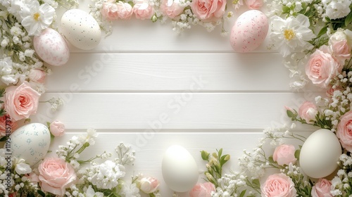 Delicate spring flowers and decorated eggs create a lovely Easter arrangement for festive celebrations