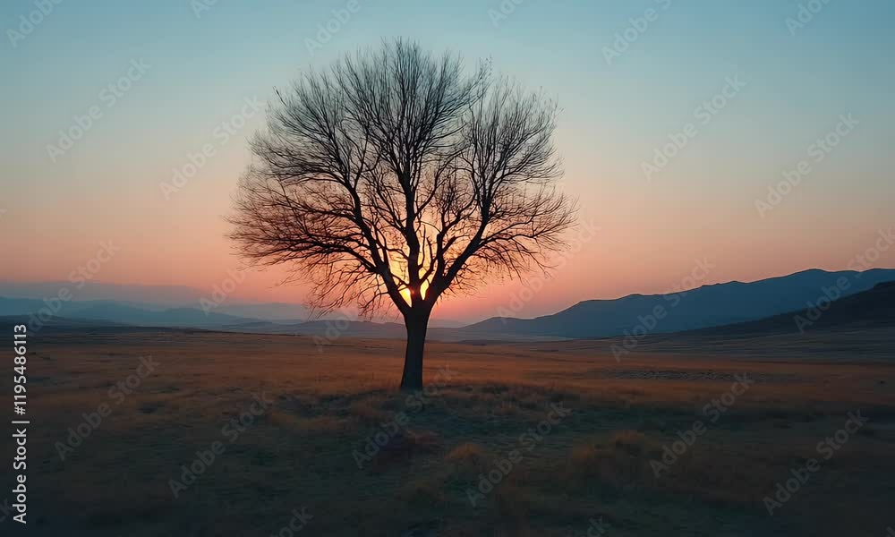 Sunset Silhouette Tree, Mountain Landscape, Peaceful Scene Sunset Silhouette Tree, Mountain Landscape, Peaceful Scene
