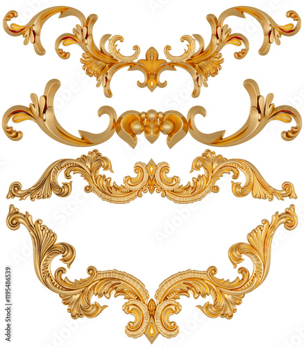 Gold ornament on transparent background, cut out, 3D render