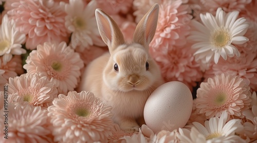 Fluffy rabbit resting among delicate pink flowers and a pastel egg during spring celebrations in a warm, inviting atmosphere