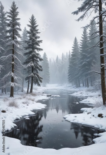 A frozen lake in the middle of a snowy forest with snow-covered trees and falling snow on a cold winter day , snow covered forest, snowflakes falling
