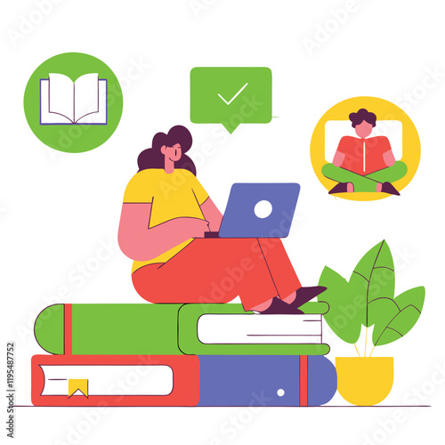 Girl sitting on pile of books. Concept illustration of online courses, distance studying, self education, digital library. E-learning banner. Online education.