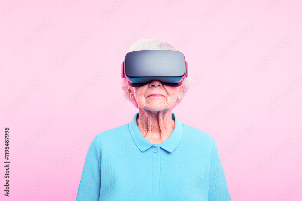 Fototapeta premium Elderly woman's inspirational journey with virtual reality technology at home