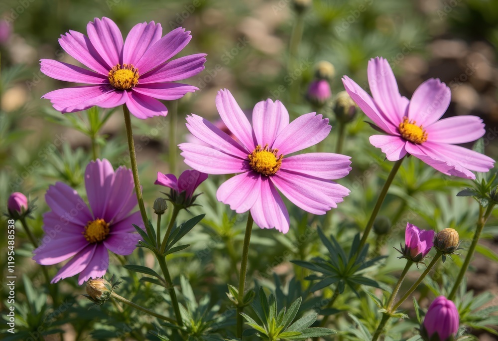 Pink cosmos flowers with green stems and buds Pink cosmos flowers with green stems and buds