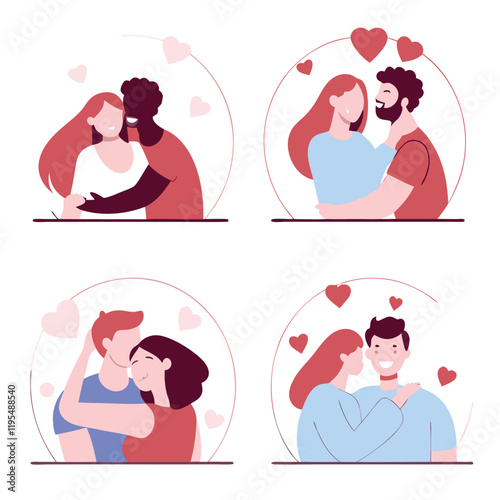 People in love collection. Vector cartoon flat illustration of diverse cartoon young people in different actions of happiness and love sharing