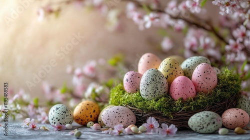 Colorful Easter eggs nestled in a natural nest surrounded by blooming flowers in springtime