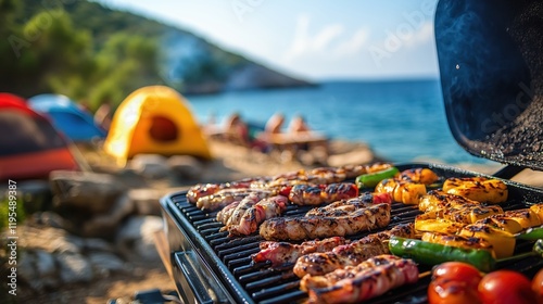 Grilling delicious food by the beach during a sunny summer day at a campsite with friends gathering around