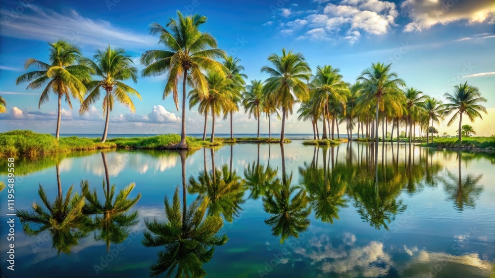 A group of palm trees forms a natural screen around a tranquil lagoon, lake, lagoon, greenery, outdoor, foliage A group of palm trees forms a natural screen around a tranquil lagoon, lake, lagoon, greenery, outdoor, foliage